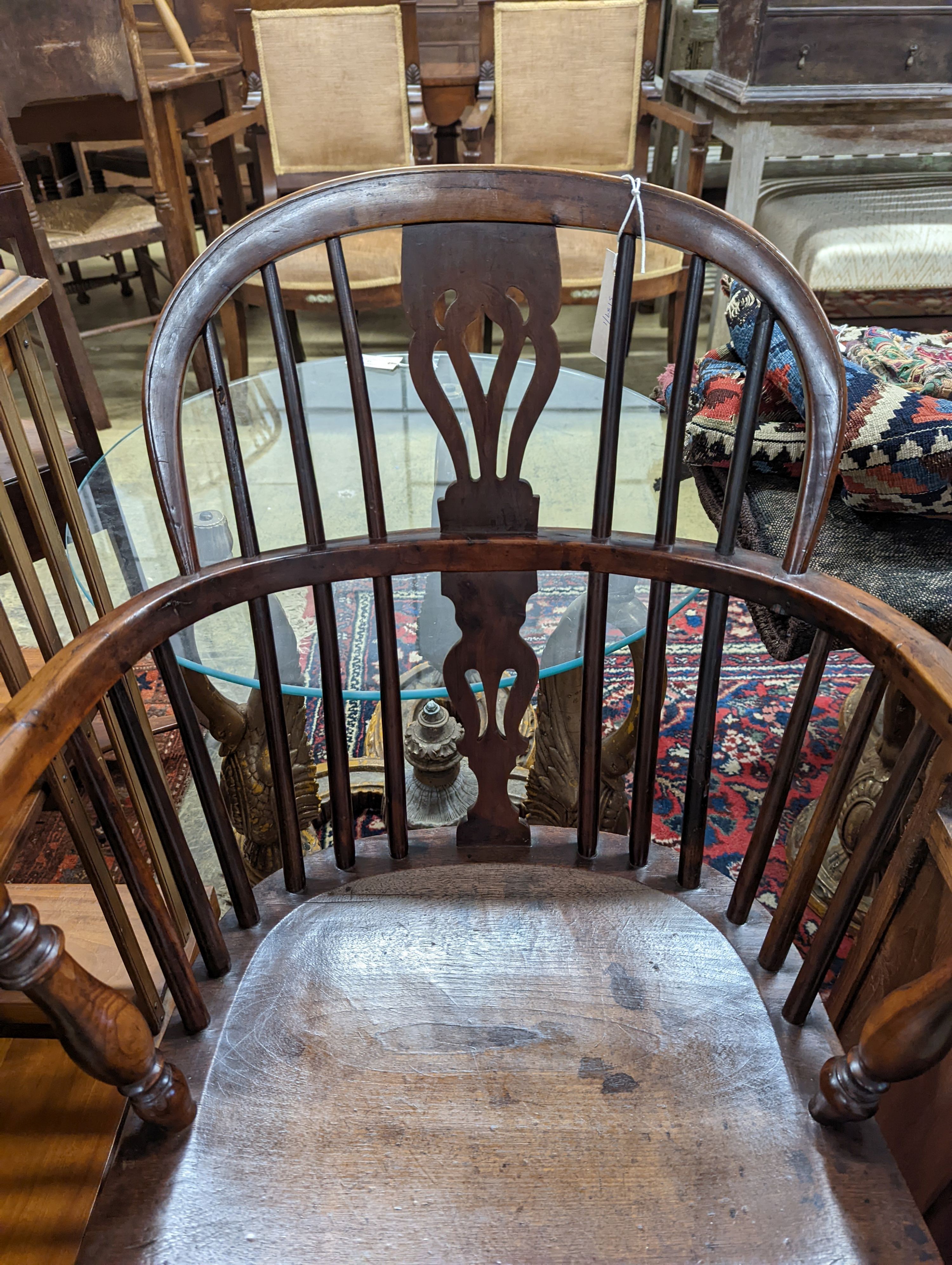 A mid 19th century Derbyshire area yew and elm Windsor elbow chair, width 57cm, depth 40cm, height 92cm